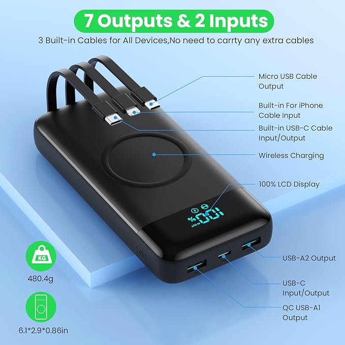 Wireless Portable Charger 40,800mAh with 3 Built-in Cables,15W Wireless Charging 25W PD QC4.0 Fast Charging USB-C Power Bank,7 Outputs LCD Display Battery Pack for iPhone 16/15/14/13/12,Android etc