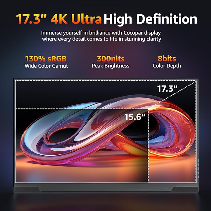 cocopar Portable Monitor 4K - 17.3 Inch UHD FreeSync HDR IPS 130% sRGB 3840x2160 Lightweight Eye Care Computer Display with Type-C mini DP HDMI for Xbox PS4/5 Laptop PC Mac, with Smart Case VESA