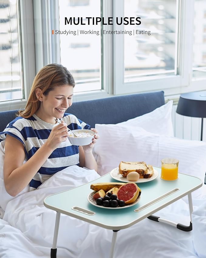 Foldable Laptop Table, Portable Lap Desk Bed Table Tray, Laptop Stand with Cup Holder & Tablet Slot & Lifting Handle for Working Writing Drawing & Eating (Blue)