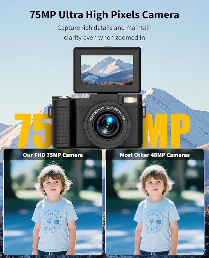 FLATIC 6K Digital Camera, 75MP Cameras for Photography with 8X Optical Zoom & Tripod, Anti-Shake Vlogging Camera with 3" 180° Flip Screen, 64GB Card, Card Reader (Optical Zoom)