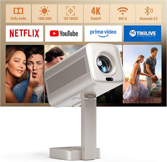 [Officially-Licensed APP & DoIby Audio] Smart Mini Projector with WiFi and Bluetooth, VOPLLS 1800ANSI Portable Outdoor Projector 4K Support with TOF Real-Time Focus, Native 1080P Home Movie Projector