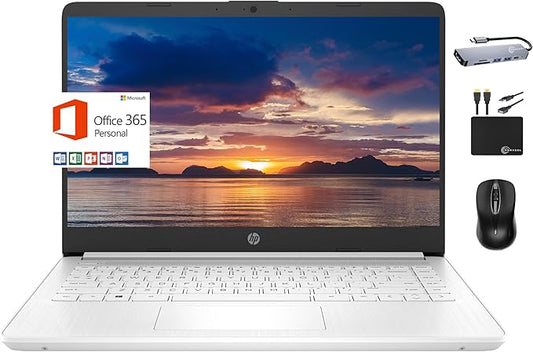 HP 2024 Premium 14" Micro-Edge Portable Laptop Student Business, Intel Quad-Core N4120, 4GB RAM, 128GB (64GB eMMC+ 64GB Card), Webcam, WiFi, Windows 11S + 1 Year Office 365, MarxsolAccessory White