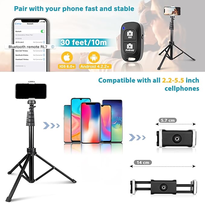 Aureday 67" Phone Tripod, Extendable Cell Phone and Camera Tripod Stand with Wireless Remote & Phone Holder, Aluminum Selfie Stick Tripod