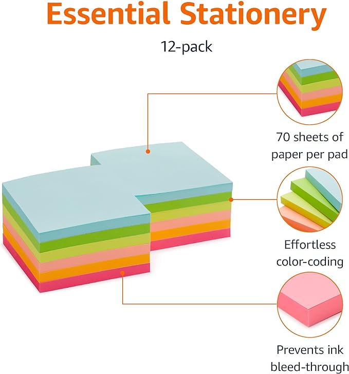 Amazon Basics Sticky Notes, 3x3 Inches, Assorted Colors Self-Stick Pads, Easy to Post for Home, Office, Notebook, 70 sheets/Pad, Pack of 12