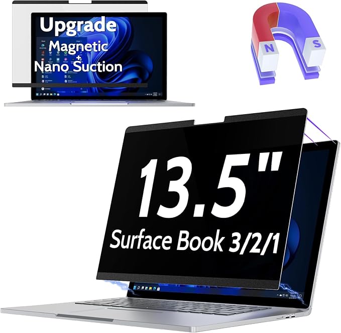 Magnetic Privacy Screen for Surface Book 3/2/1 13.5 Inch, Removable Anti Blue Light Glare Filter, Black Security Private Apy Block Protector