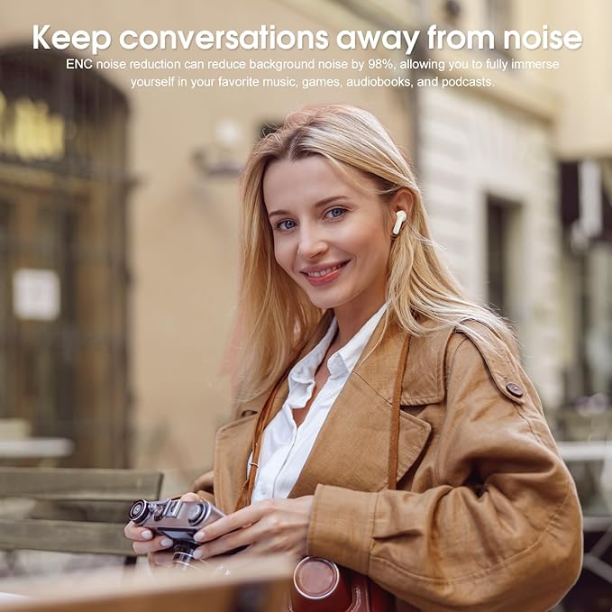 Wireless Earbuds, Bluetooth 5.4 Headphones, HiFi Stereo Bass Ear Buds, in Ear Earbuds with 4 ENC Noise Cancelling Mic, 45H, LED Display, IP7 Waterproof, Earphones for Android/iOS Sports, Off-White