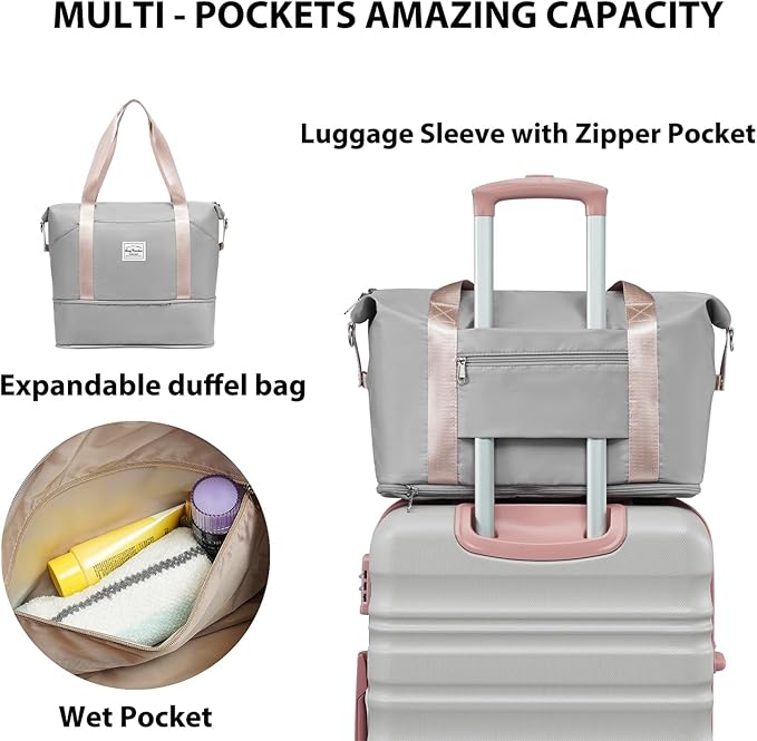 LONG VACATION 6 Piece Luggage Set Carry on Suitcase with ABS+PC hardshell, Spinner Wheels & YKK Zipper TSA Lock (GREY-PINK, 6 piece set)