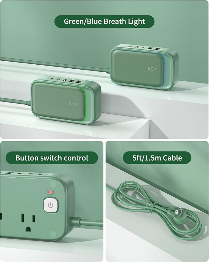 USB C Charging Station,65W USB C Power Strip Surge Protection 1200J, 5FT Flat Extension Cord Desktop USB Charging Hub for Multiple Devices (Pearl Green, 65w)