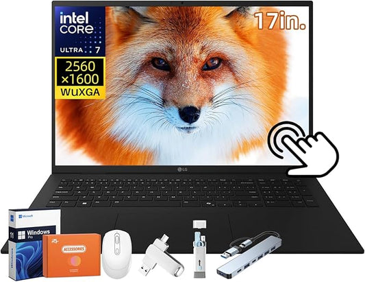 LG Gram 17 Touchscreen Lightweight Laptop for Business/Students, Intel Ultra 7 258V, 17 inch QHD+ Touchscreen, 32 GB LPDDR5X, 1 TB SSD, Copilot+, Wi-Fi 7, Backlit Keyboard, Windows 11 Pro, Accessories
