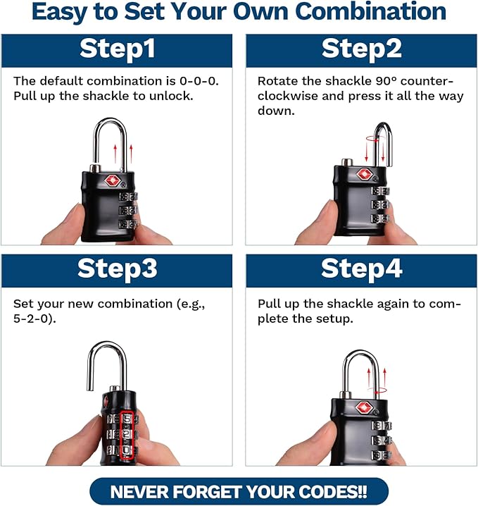 TSA Approved Combination Lock - Compact & Durable Luggage Locks, 3-Digit Resettable Password for Travel, Gym Lockers, Cabinets, Black