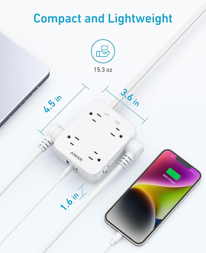 Anker Surge Protector Flat Plug Power Strip 2000J, 10ft Thin Extension Cord, 8 Outlets,2 USB A and 1 USB C Port,20W for iPhone15,Wall Mount,Compact for Home,Office,Room,TUV Listed