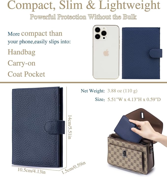 RFID Blocking Passport Holder for Travel Women – Genuine Leather Travel Wallet with 1 Passport Slot & 3 Card Slots, Coin Pocket & SIM Slot – Slim Travel Organizer (Sapphire Blue)