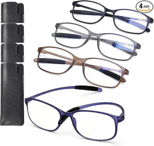 AQWANO Reading Glasses Men Women Computer Blue Light Blocking, 4 Pack Lightweight TR90 Flexible Frame Comfort Durable Readers Glasses, 4.0