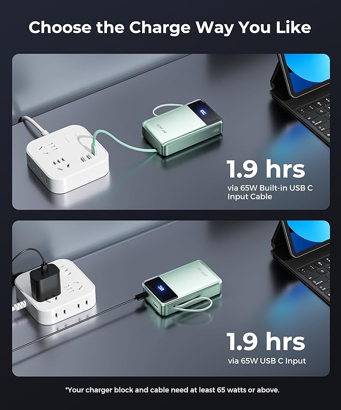 Portable Charger Power Bank - 30000mAh 65W Laptop Travel Essentials Battery Pack USB C Built in Cable Phone Fast Charging Compatible with iPhone 16 15 14 13 iPad MacBook Samsung Google (Green)