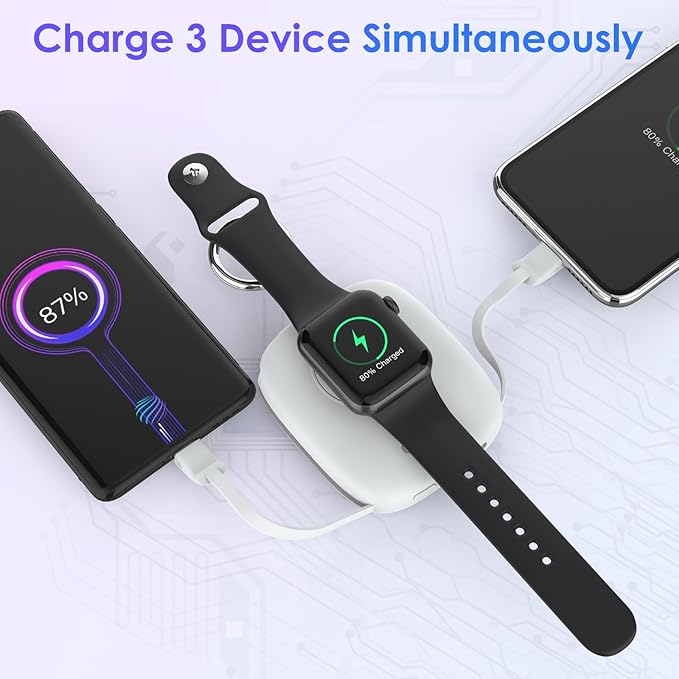 Small Portable Charger 5000mAh,iWatch Wireless Charger Mini Power Bank with Built-in Cable,Travel Keychain Charger for Apple Watch 10/9/Ultra2/8/Ultra/7/6/Se/5/4,iPhone 17/16/15/14/13/12,Android Phone