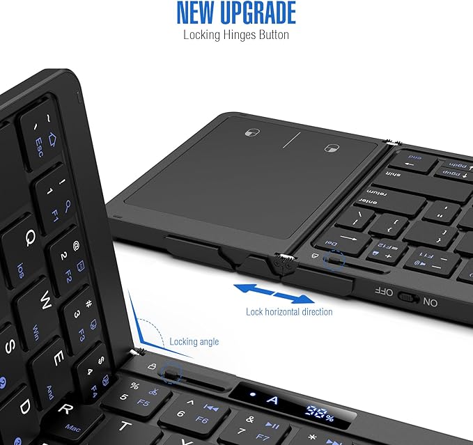 Eelexa Foldable Travel Key Board Wireless Portable Folding Keyboard with Touchpad, Lock Hinge Battery Level Display, Bluetooth Keyboard for ipad Tablet Laptop Windows Mac OS (Black-Tri-fold)