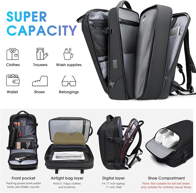 Vacuum Travel Backpack with Pump, 50L Expandable Compression Airback Backpack With Vacuum Seal, 17.3 Inch Water Resistant Business Laptop Backpack with USB Charging Port for Women & Men