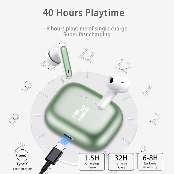 Wireless Earbuds, Bluetooth 5.4 Headphones in Ear with 4 ENC Noise Cancelling Mic, New Wireless Earphones HiFi Stereo Deep Bass 40H Playtime, in-Ear Bluetooth Earbuds LED Display IP7, USB-C, Green