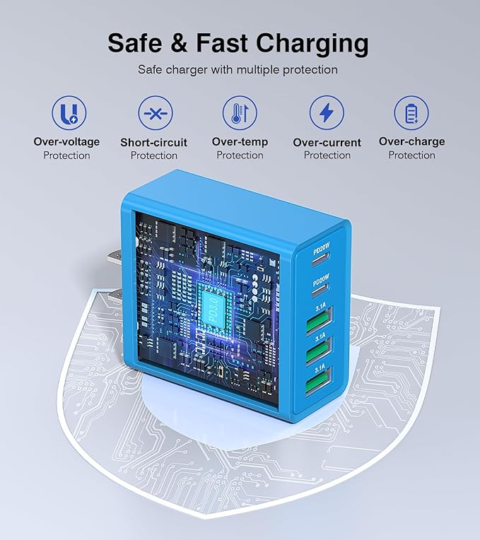 [2-Pack] USB C Wall Charger, 50W USB C Charger Block 5-Port PD Fast Charging Blocks,2USB C+3USB A Multiport Plug,Type C Power Adapter Brick Cube for iPhone17/16/15/14/Pro,iPad,Samsung,for Switch（Blue）