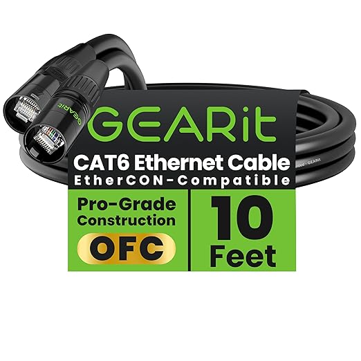 GEARit Shielded CAT6 Ethercon Cable (10 Feet) Professional Audio & Lighting RJ45 EtherCON-Compatible Cable for Studio, Stage, Concerts - 10ft Black