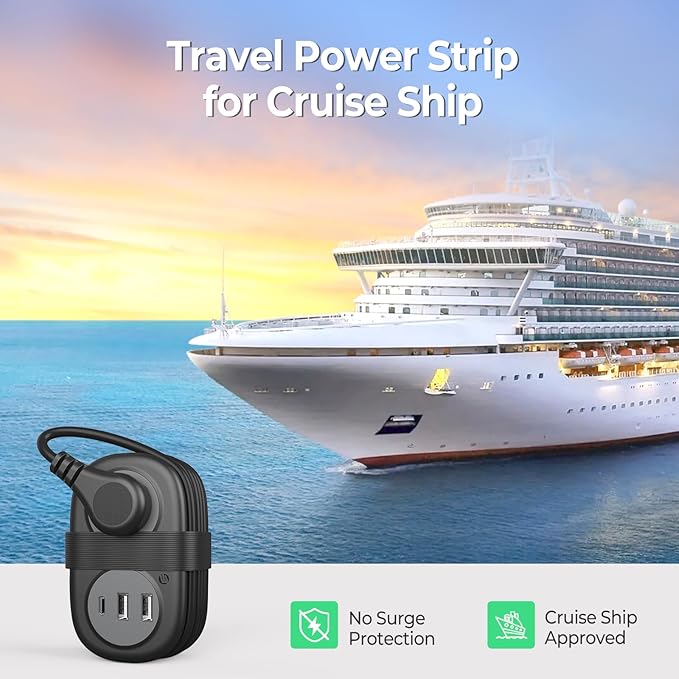 ORICO Travel Power Strip with USB Ports, 3.7 ft Extension Cord with 2 AC Outlets 3 USB Ports (1 USB-C), Flat Plug Power Strip with USB C Cruise Travel Must Haves - Black