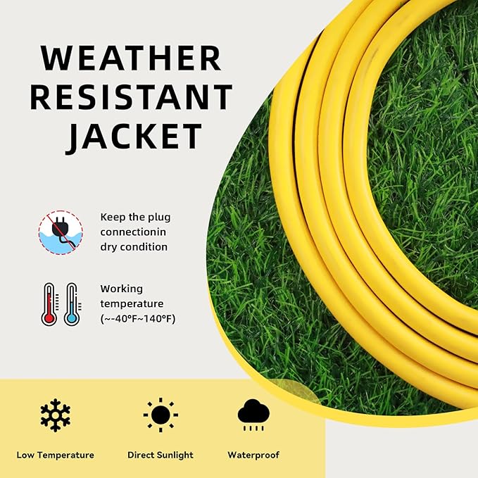 EP 8 Ft Outdoor Extension Cord, 12/3 SJTW Heavy Duty Extension Cable with 3 Prong Grounded Plug, 15 AMP Power Cord for Lawn, Garden, Appliances, Yellow