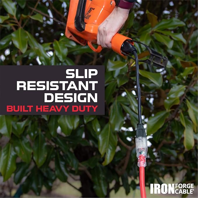 Iron Forge Cable 25 ft Lighted Outdoor Extension Cord - 12/3 SJTW Heavy Duty Red Extension Cable with 3 Prong 15 AMP Grounded Plug for Safety