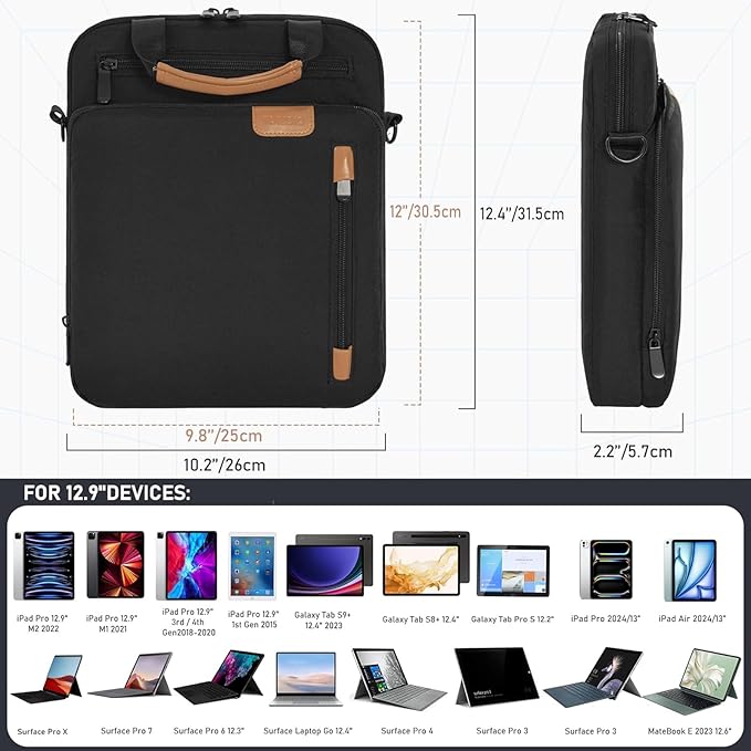 12.9 Inch Tablet Sleeve Bag, Padded Protective Carrying Case for iPad Pro M4 & Air M2 2024, Samsung Galaxy Tab S9 FE+/S9+/S8+/S7 FE/S7+ 12.4" 2022/2023, Surface Laptop Go 12.4"