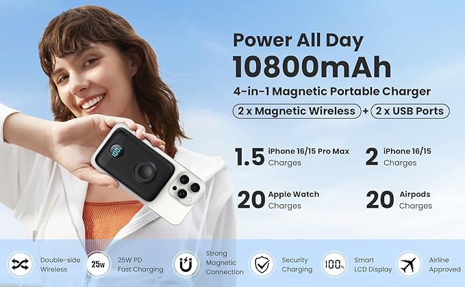Magnetic Portable Charger for iPhone, 10800mAh 4-in-1 Wireless Power Bank with iWatch Charger, 25W PD Fast Charging Battery Pack with LCD Display for Magsafe,iPhone 16/15/14/13/12 Series,Apple Watch