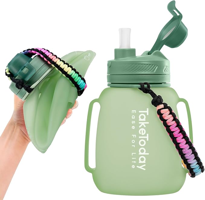 TakeToday 40 OZ Motivational Water Bottle with Straw and Paracord Handle 1.2L Silicone Sports Water Bottle with Time Marker(Green)