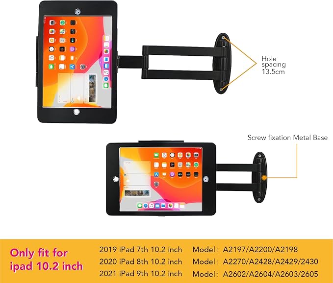 Tablet Wall Mount Bracket with fold for iPad 10.2-Inch (9th,8th,7th Gen.), Extend Adjustable Arm Swivel with Anti Theft Security Lock and Key, Multi Angle, Rotate Design,Metal (Black)