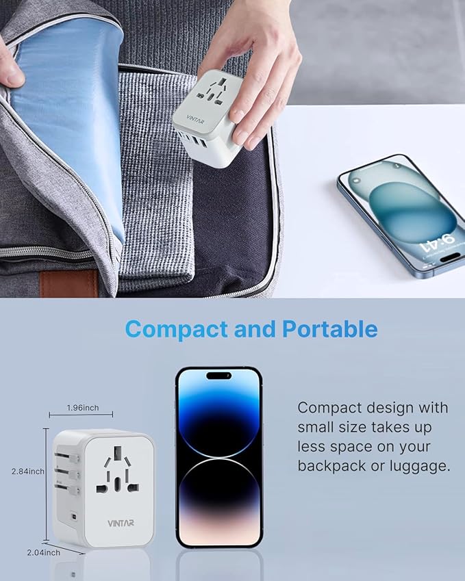 Universal Travel Adapter, VINTAR International Power Adapter with 6A 3 USB C and 2 USB Ports, All in One Travel Essentials Plug Adapter, Worldwide Outlet Converter for Europe UK AUS USA(Type A/C/G/I)