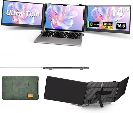 Laptop Screen Extender - 14" Ultra-Thin Triple Portable Monitor 1080P FHD IPS Attachment Screen for 13"-17.3" Laptops Compatible with Wins Mac Dex Chrome Switch