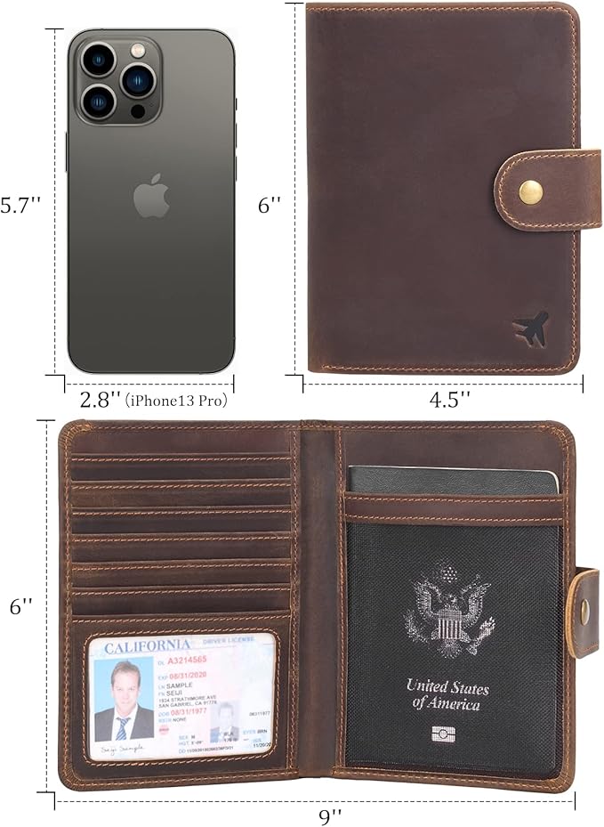 Polare Luxury RFID Blocking Leather Passport Holder Travel Wallet For Men and Women (Dark Brown(Snap Version))