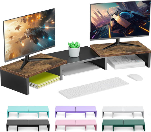 Dual Monitor Stand for Desk, Wooden Monitor Riser, Desk Shelf for Top of Desk, Computer Stand for Home and Office Use (Wood)