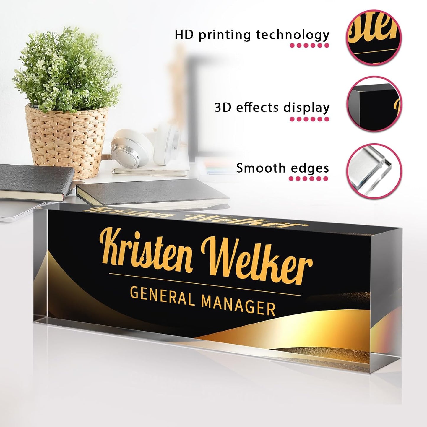 Personalized Name Plate for Desk - Custom Engraved Name Plates for Man - Boss Day Gifts for Boss - Acrylic Office Decor Appreciation Gifts for Teacher Nurse Coworker Social Worker (Classic Black)