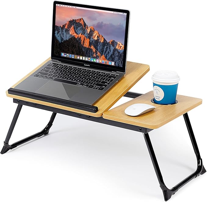 Laptop Desk for Bed Couch, Adjustable Foldable Bed Table with Cup Holder, Breakfast Serving Tray, Portable Laptop Lap Desk Stand for Working Reading Writing Eating Gaming (Bamboo Pattern)