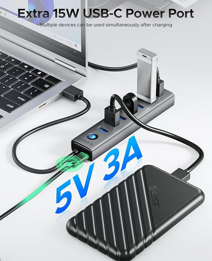ORICO Aluminum 7-Port USB Hub with 1.64Ft Cable, Multiple USB 3.0 Hub, 5Gbps Data Transfer, 5V 3A Type-C Port, UBS-A Splitter for PC, Laptop, Desktop