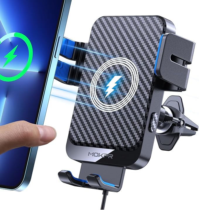 Wireless Car Charger, MOKPR 15W Fast Charging Auto-Clamping Phone Mount Air Vent Cell Phone Holder Compatible iPhone 15/14/13/13 Pro/12 pro/12/11/X/8, Compatible Galaxy S23/S22/S21/S20, etc Blue