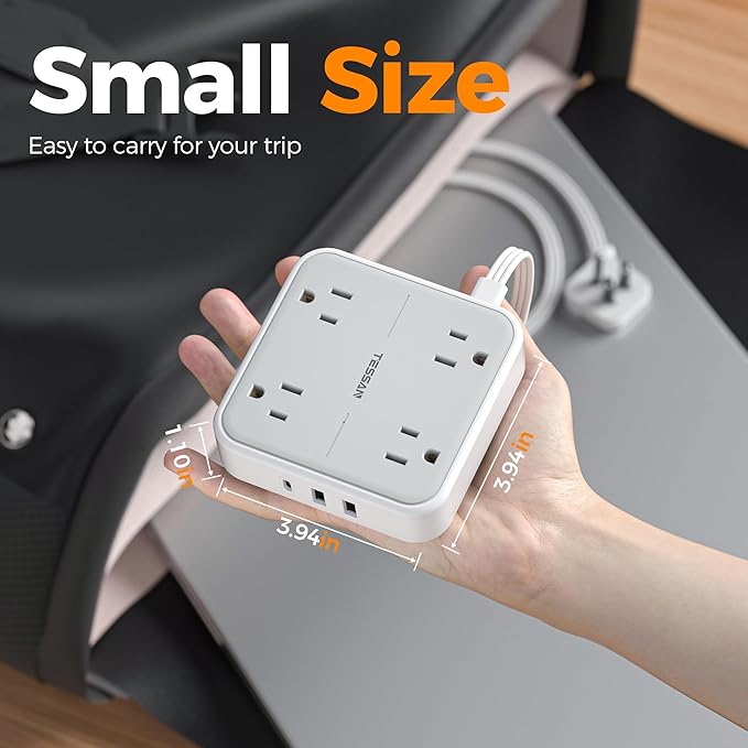 TESSAN Flat Plug Extension Cord 5 Ft, TESSAN Surge Protector Power Strip Ring Pull with 3 USB (1 USB C) 4 Outlets, 900 Joules Protection, Desktop Charging Station for Home, Office, College, Dorm Room,
