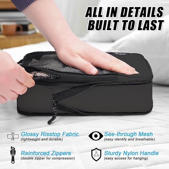 4 PCS Set Compression Packing Cubes for Travel, Lightweight Packaging Organizer Bags for Carry On Space Saving, Travel Essentials Cubes for Suitcase Backpack, Black