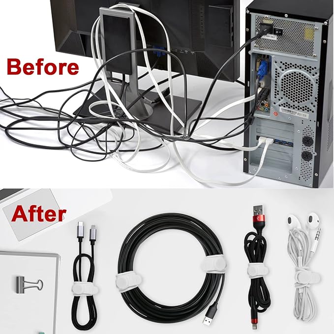 Nearockle 16Pcs Silicone Cable Straps Wire Organizer for Bundling Earphone, Phone Charger, Computer Cords, Reusable Cable Ties Cord Organizer in Home,Office,Kitchen,School(White)