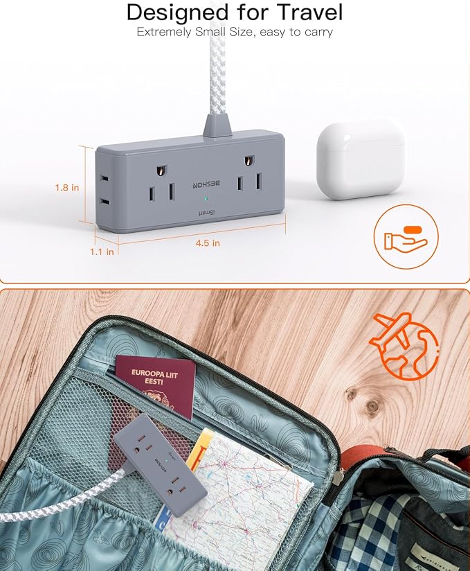 Extension Cord 10 ft, BESHON Flat Plug Power Strip, 4 Widely Outlets with 3 USB Ports (2 USB C), Extension Cord with Multiple Outlets for Home, Office, Dorm Room Essentials Gray