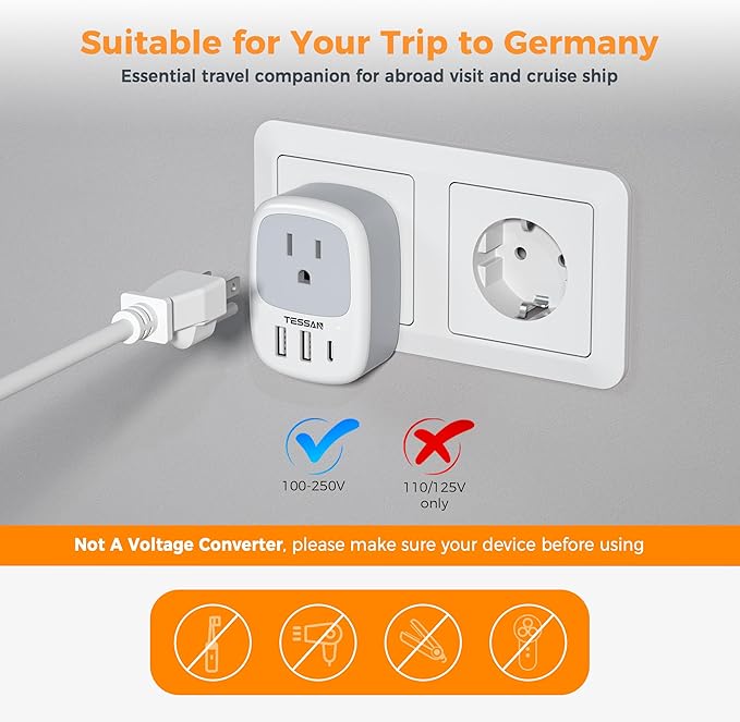 Type E F Plug Adapter USB C, TESSAN Germany France Power Adaptor, Schuko Outlet with 3 USB Ports, Travel Plug for US to Europe EU Spain Iceland Korea Greece Russia German French