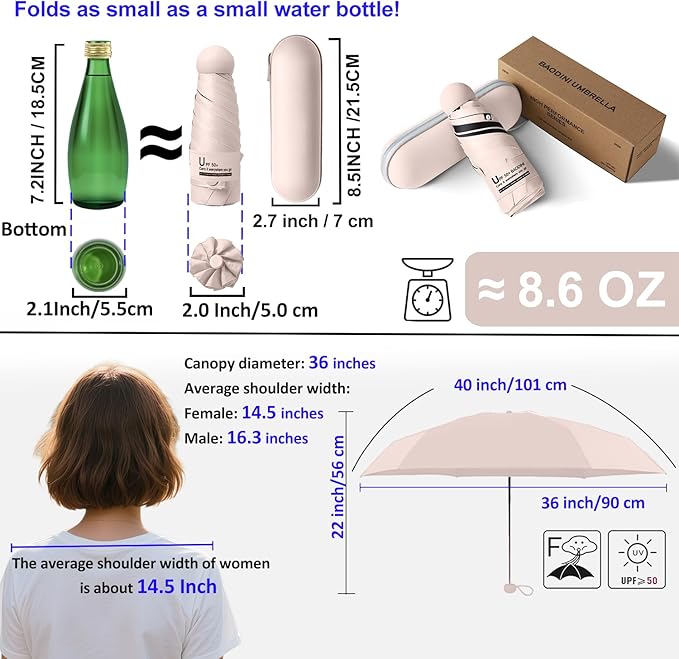 BAODINI Travel Essentials Mini Umbrella for Purse With Case Small Compact UV Sun Protection Lightweight Tiny Pocket Manual Open Close Umbrella for Women Kids and Men Fit Purse Backpack