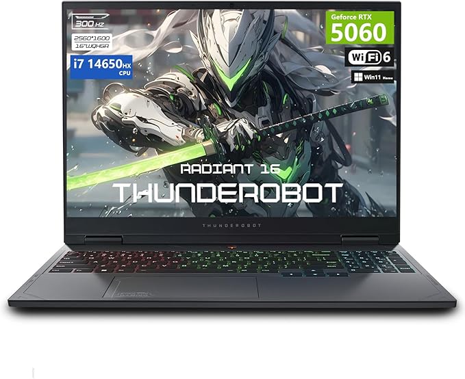 Thunderobot Radiant 16 5060 Gaming Laptop, 16" QHD+ 300Hz 2.5K Display, Core i7-14650HX, NVIDIA GeForce RTX 5060, 32GB DDR5 RAM, 1TB SSD, RGB Backlit Keyboard, Wi-Fi 6, Win11 Home