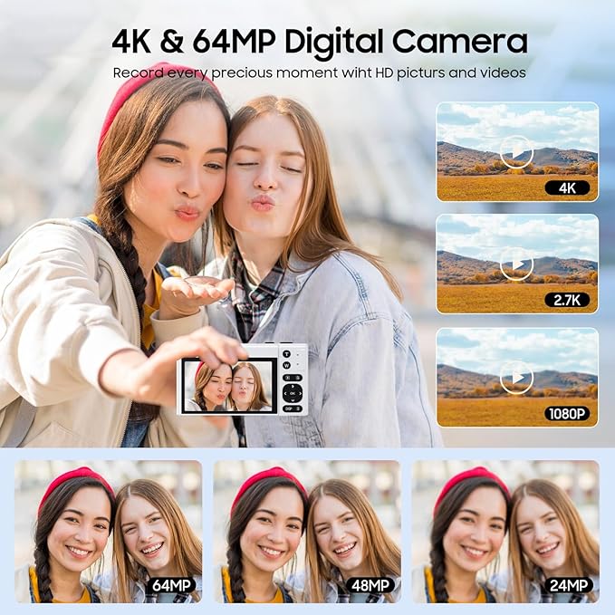 4K Digital Camera, 64MP Vlogging Camera for Photography with 3" 180° Flip Screen, 16X Compact Digital Camera with 64GB Micro SD Card for Beginner (White)