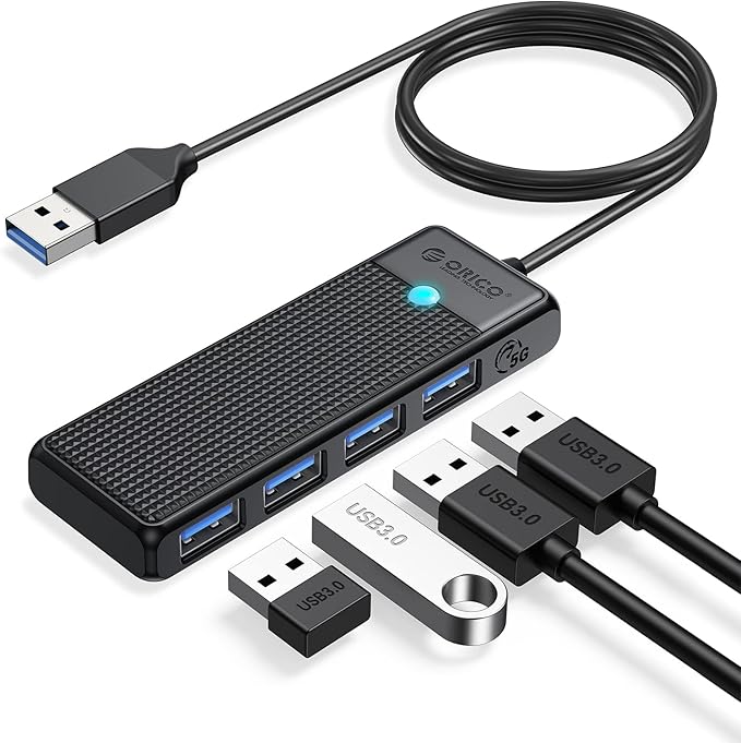 USB 3.0 Hub, ORICO 4-Port USB Hub with 3.3FT Long Cable, Ultra Slim USB Splitter for Laptop for MacBook, Mac Pro, iMac, Surface Pro, XPS, PS5，PC, Flash Drive, Mobile HDD(Black/3.3ft)