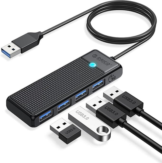 USB 3.0 Hub, ORICO 4-Port USB Hub with 3.3FT Long Cable, Ultra Slim USB Splitter for Laptop for MacBook, Mac Pro, iMac, Surface Pro, XPS, PS5，PC, Flash Drive, Mobile HDD(Black/3.3ft)