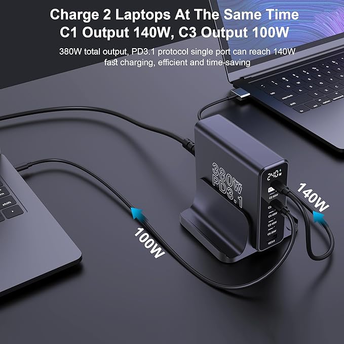 URVNS 380W USB C Charger, GaN III 7 Ports PD3.1 140W PPS 45W QC60W Fast Charging Station with LED Display for MacBook Laptop, iPhone 16/15/14 Pro Max, iPad, Galaxy S25/S24, Steam Deck and More